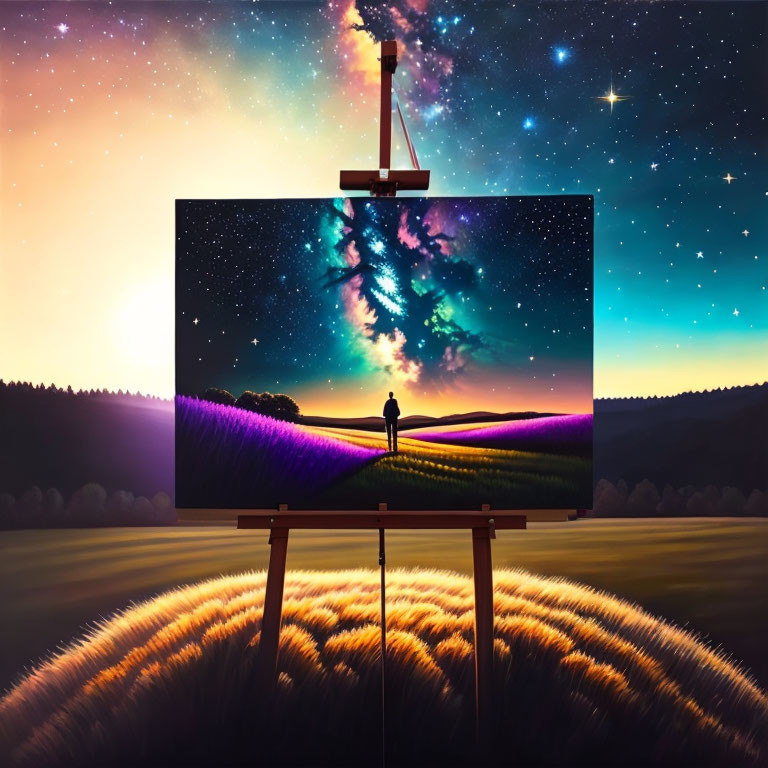 Easel displays painting of person in colorful field under starry sky