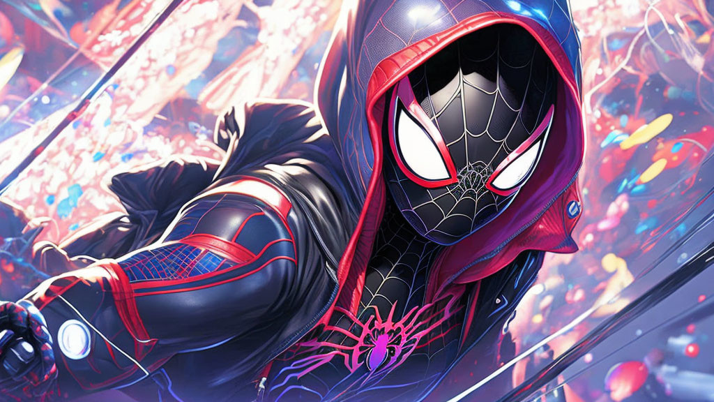 Dynamic Spider-Themed Character Illustration in Red and Black Costume