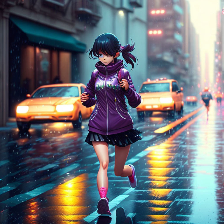 Girl with headphones running on wet city street at twilight with passing cars and reflecting streetlights