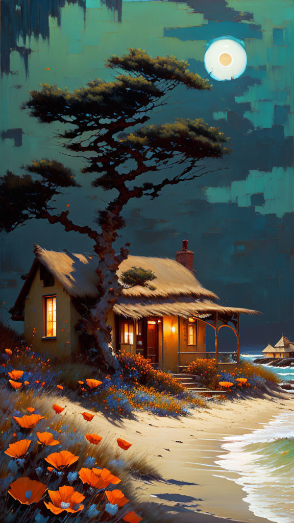 Cozy cottage under tree with glowing windows and full moon