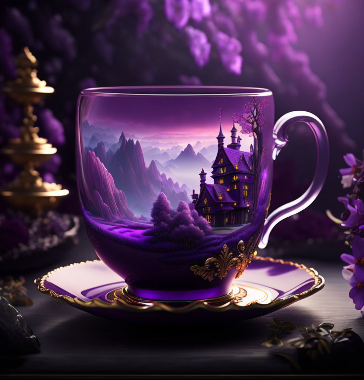 Purple Fantasy Teacup with Castle Design and Gold Accents