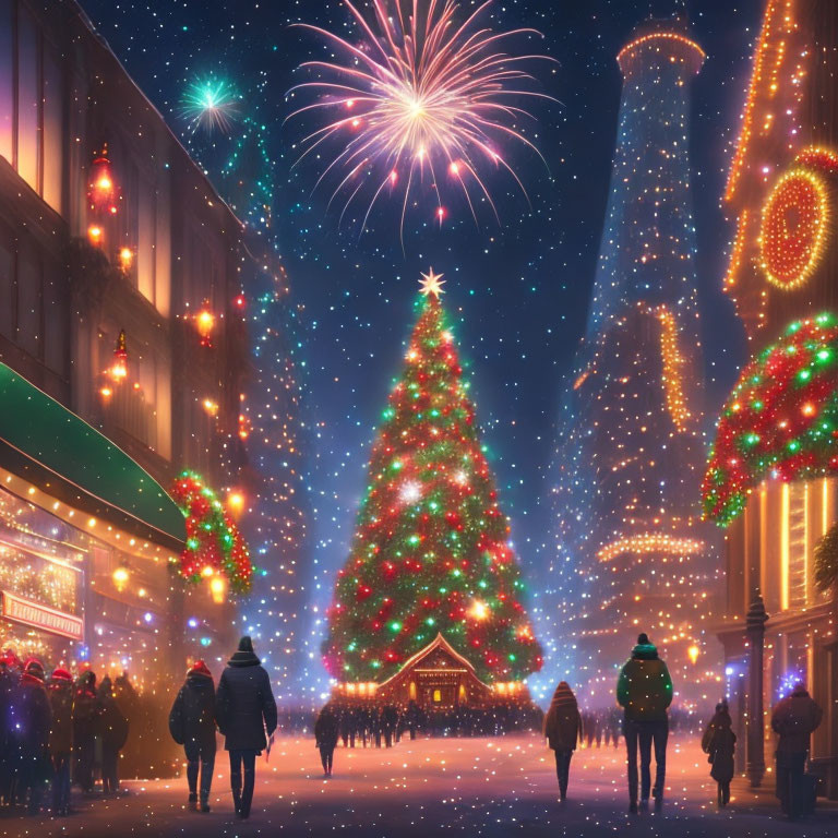 Festive street scene with people walking towards large Christmas tree