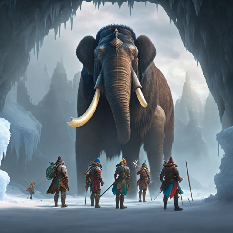 Armored adventurers encounter large elephant in icy cave