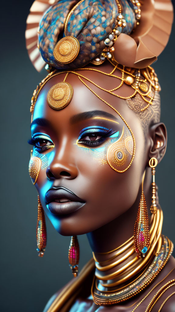 Portrait of Woman with Gold Adornments and Blue Eye Makeup