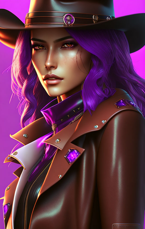 Digital portrait of a woman with purple hair in brown hat and jacket with purple gems on purple background.