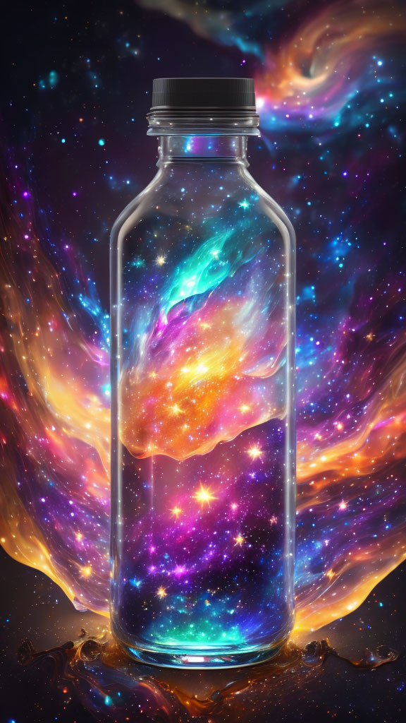 Colorful cosmic nebula in glass bottle on starry space background