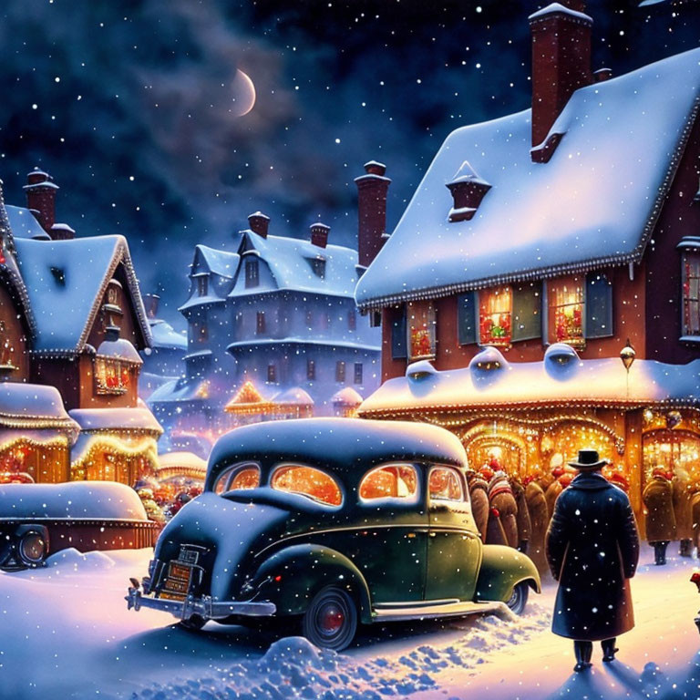 Snowy Night: Winter Scene with Snow-Covered Houses, Vintage Car, Street Lights, and