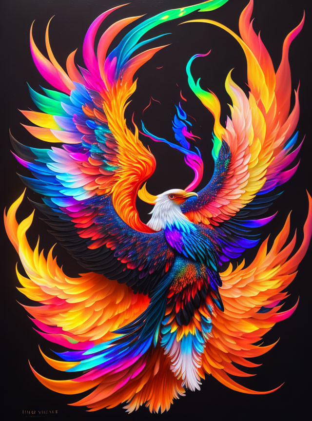 Colorful Phoenix Painting Soaring Against Black Background