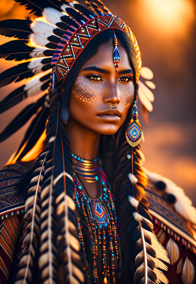 Native American-inspired woman in intricate headdress and face paint on warm backdrop