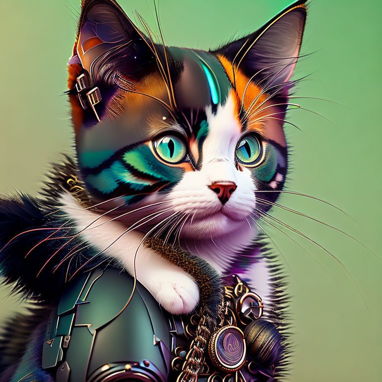 Colorful Cat Digital Artwork with Futuristic Armor and Ornate Necklaces