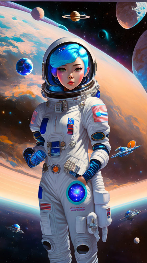 Stylized astronaut with blue hair in space with planets and moons