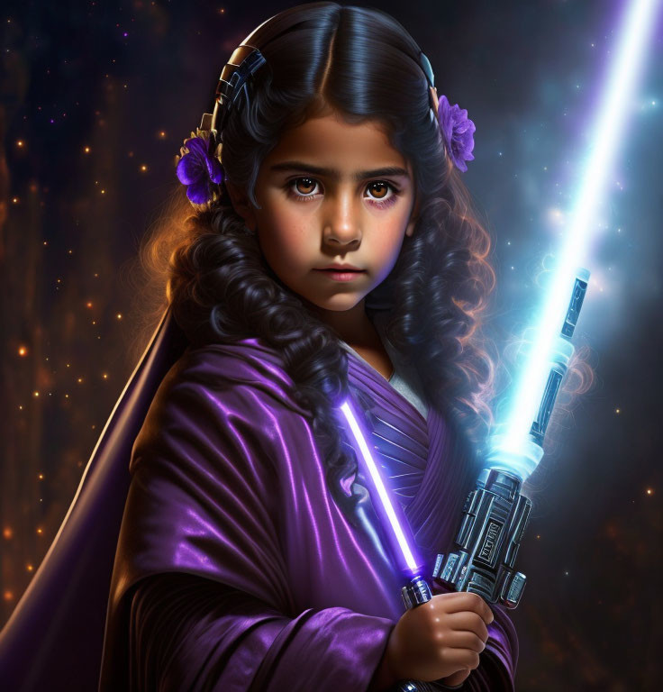 Dark-haired girl in purple robe wields blue lightsaber in cosmic setting