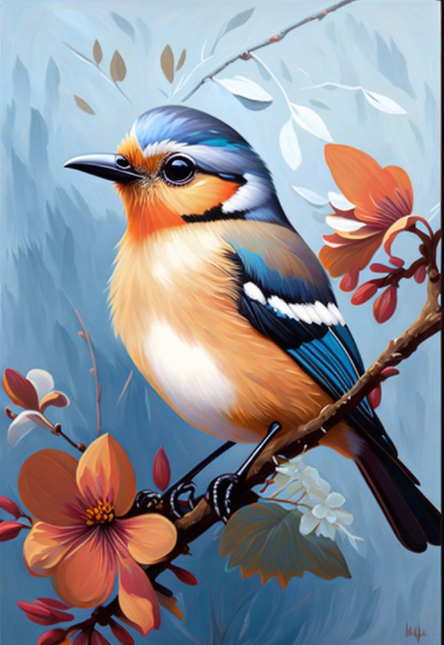 Vibrant bird with orange, blue, and white plumage on branch with red flowers