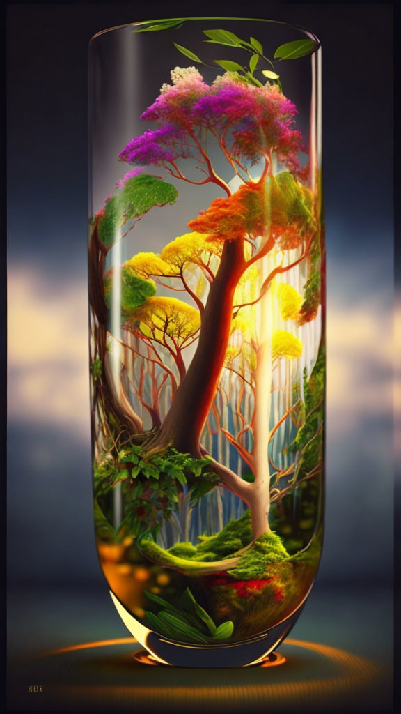 Colorful Foliage Miniature Tree in Tall Glass Vase