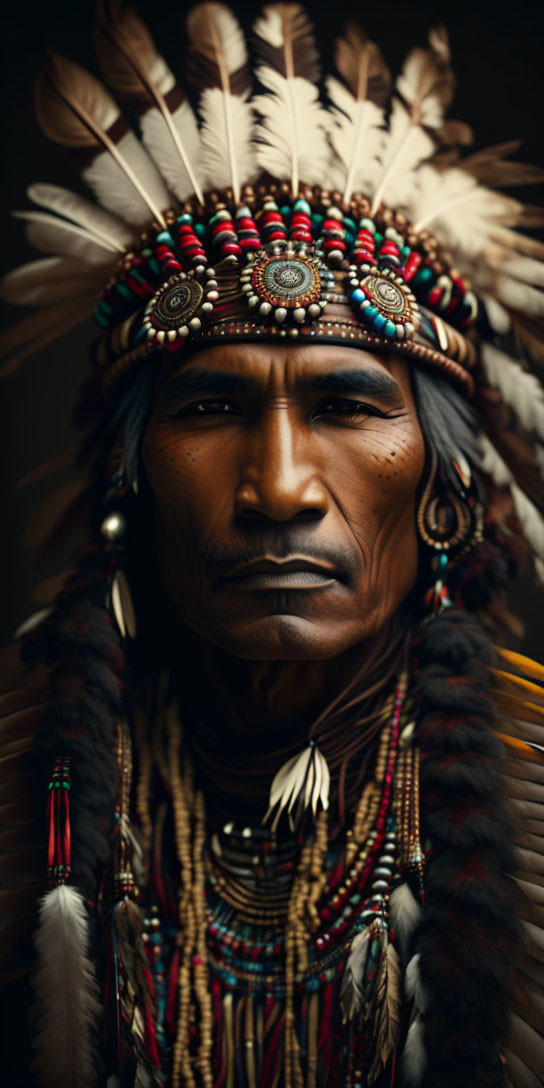 Serious person in Native American headdress with feathers and beadwork