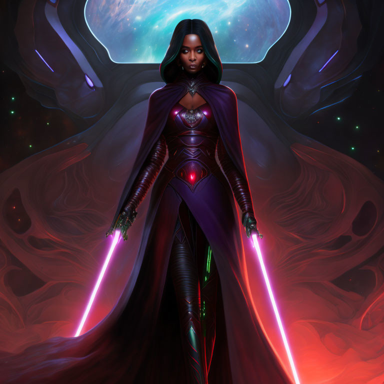 Futuristic female character with dual lightsabers in cosmic digital art