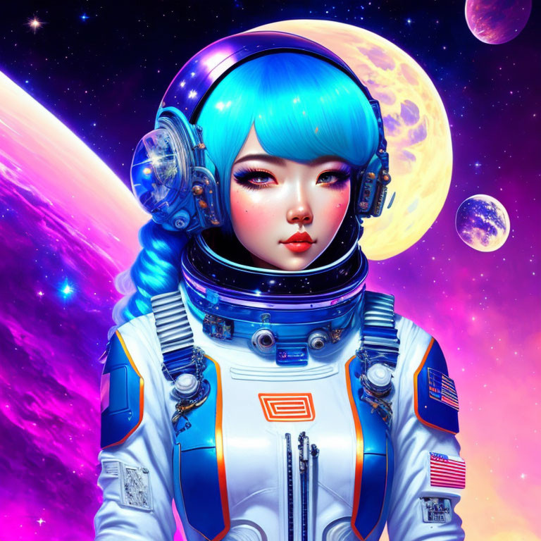 Female astronaut digital artwork: vibrant blue hair, detailed spacesuit, cosmic backdrop with nebulas and