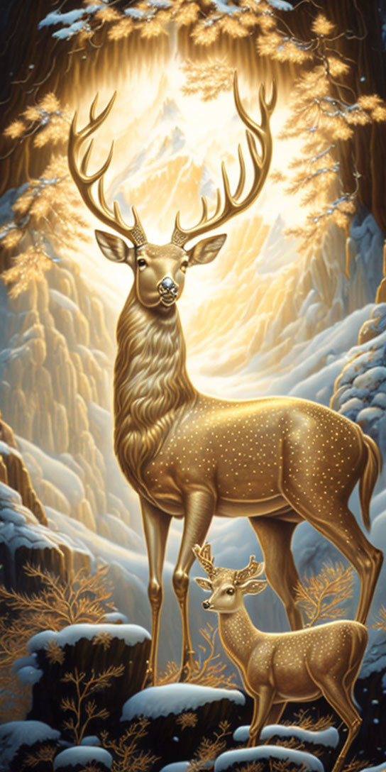 Golden stag and deer in snowy forest with glowing cave.