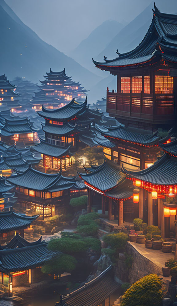 Traditional East Asian village with tiered pagodas and lantern-lit buildings against misty mountain backdrop