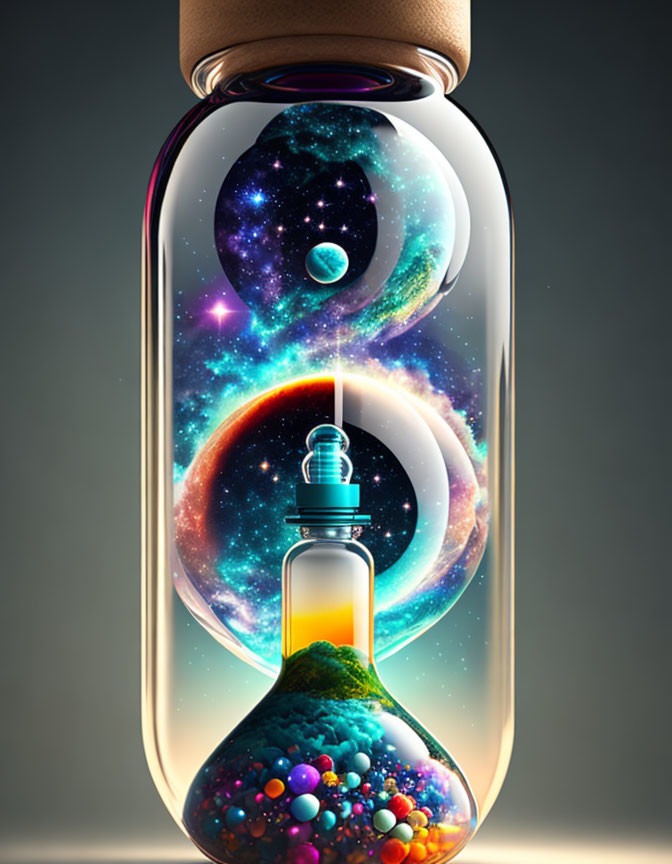 Digital Art: Yin-Yang Cosmic Symbol in Light Bulb with Terrarium Base