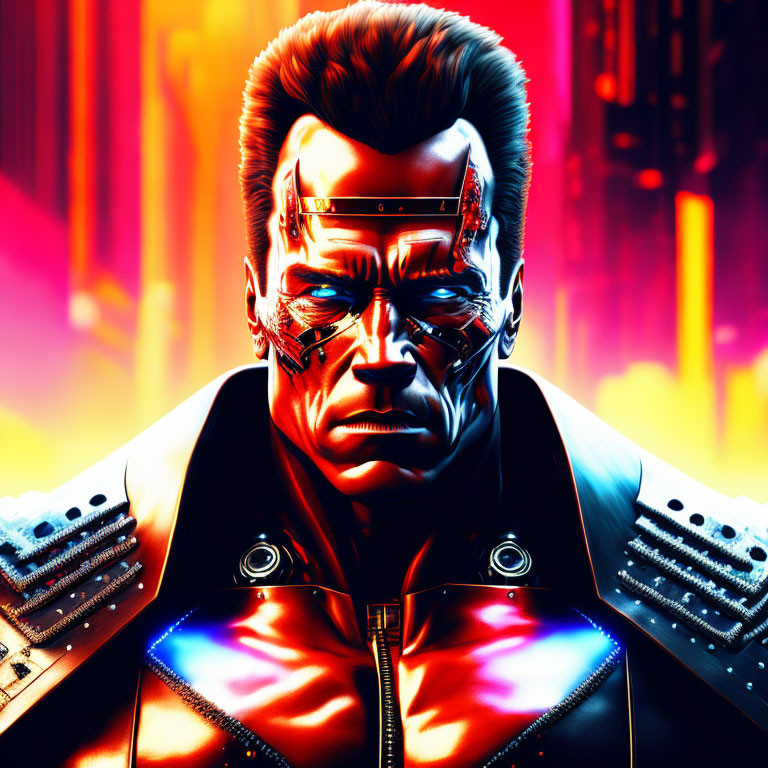 Detailed Cyborg Illustration with Exposed Mechanical Parts and Fiery Background