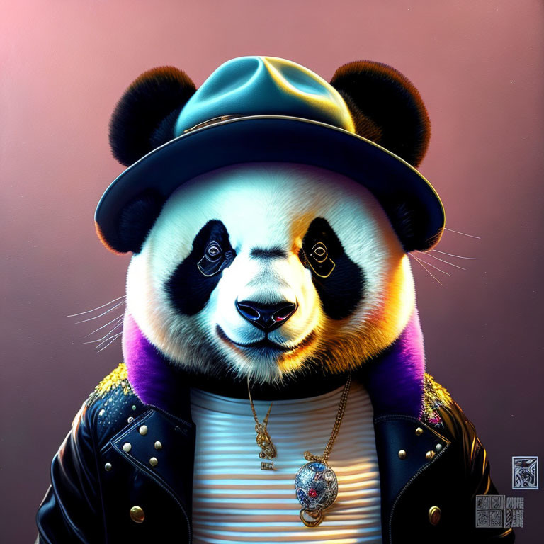 Stylized painting of panda with human-like features in hat, leather jacket, and medallion