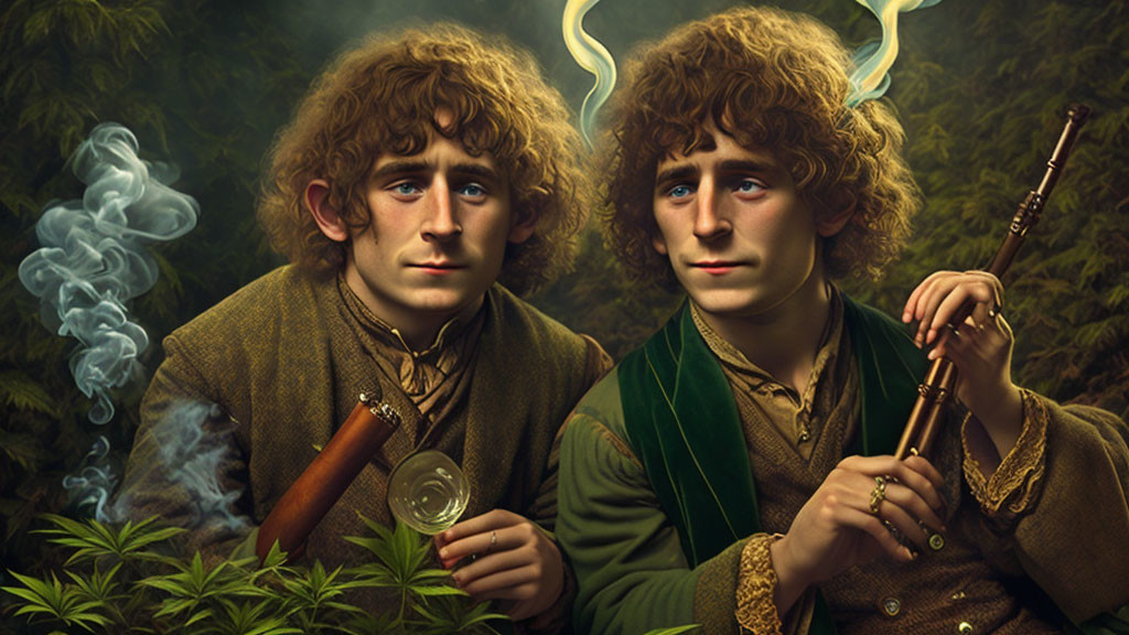 Curly-Haired Hobbit-Like Figures in Greenery Smoking Pipe