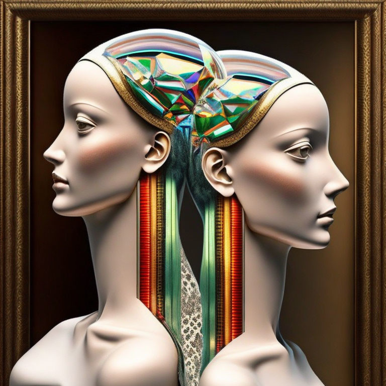 Symmetrical mannequin heads with crystal brain, ribbons, and lace in framed display