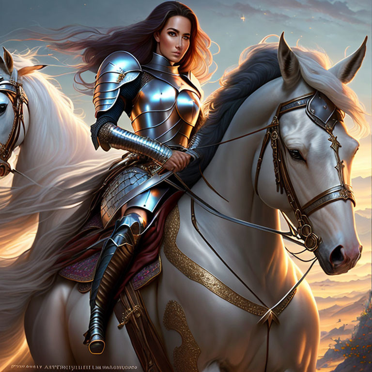 Female warrior in shining armor on white horse at twilight