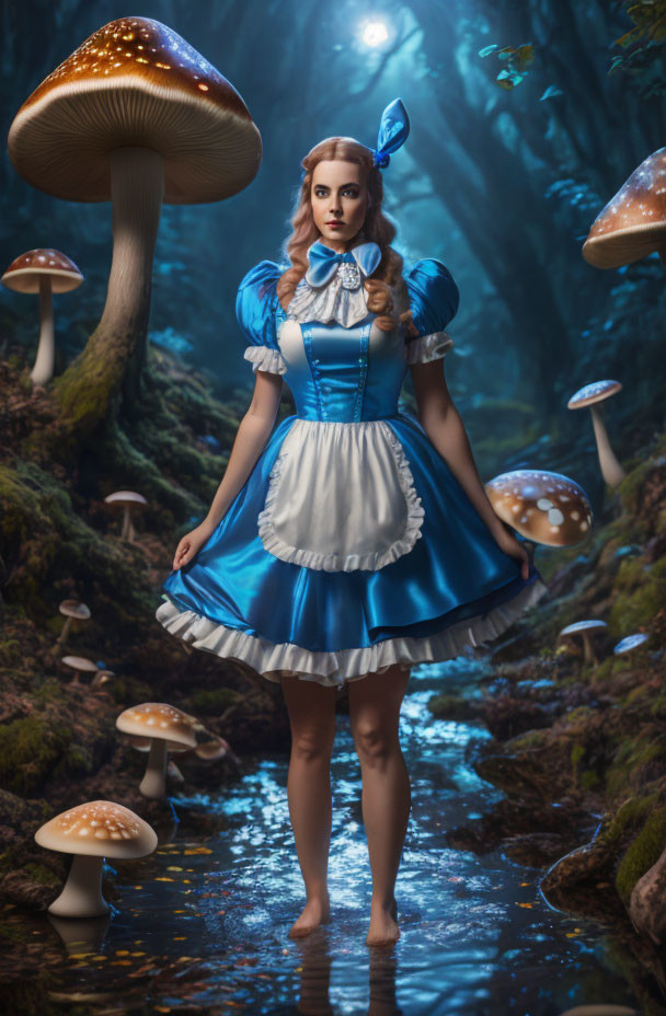 Woman in Blue & White Alice in Wonderland Costume in Mystical Forest