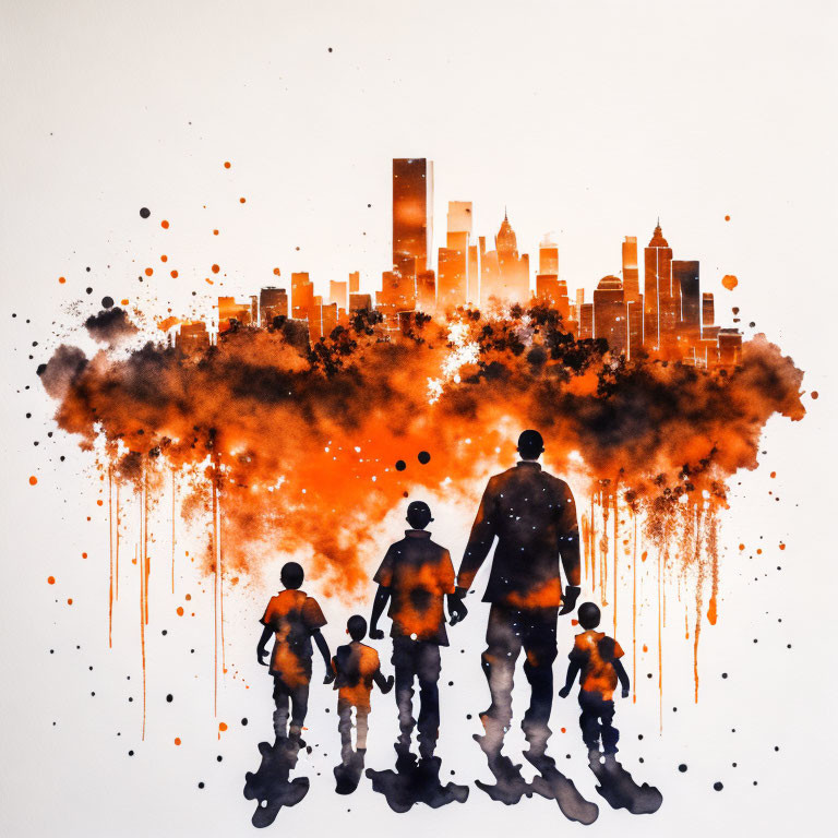 Family silhouette against abstract fiery cityscape on light background