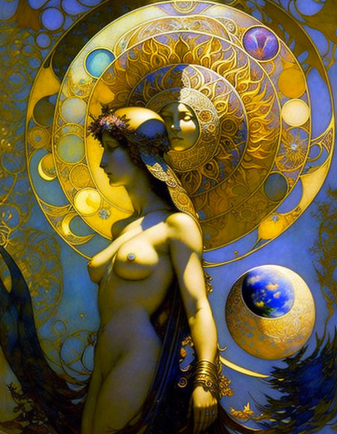 Woman depicted with celestial elements and planetary bodies in golden hues and intricate patterns.