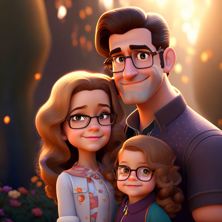 Stylized animated image of happy family with glasses in warm glowing lights