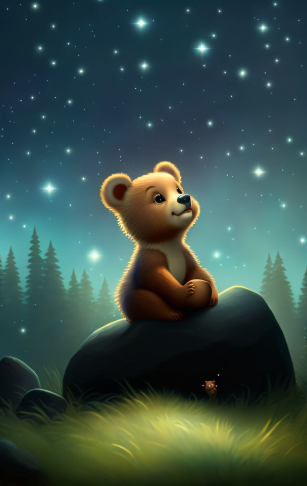 Bear Cub Sitting on Rock Under Starry Night Sky with Forest Silhouette