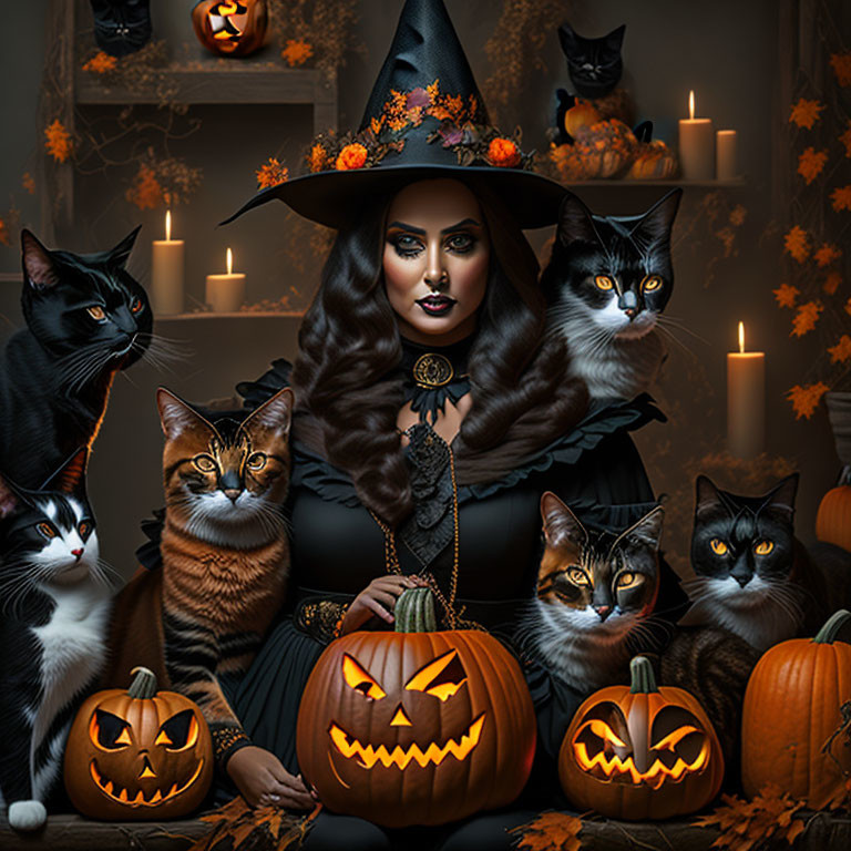 Witch with Black Cats, Pumpkins, and Candles