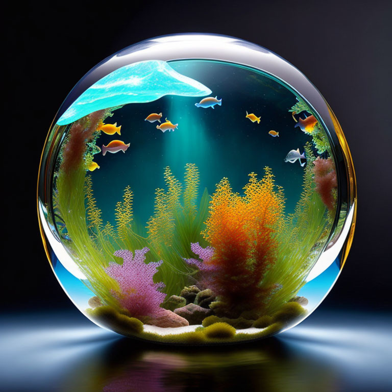 Colorful Coral and Tropical Fish in Vibrant Spherical Aquarium