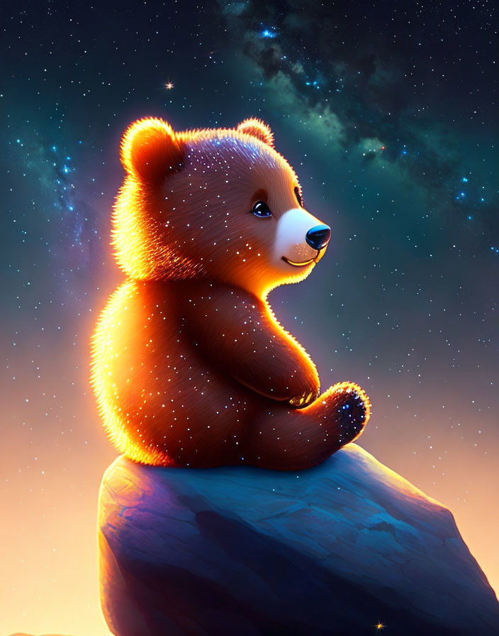 Starry bear glowing under night sky