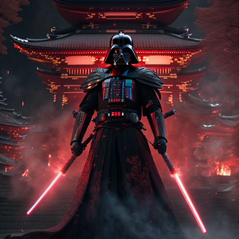 Darth Vader with lightsabers at Japanese pagoda under crimson sky