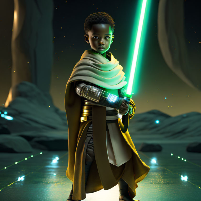 Child in beige robe with green cloak holds glowing lightsaber in sci-fi setting