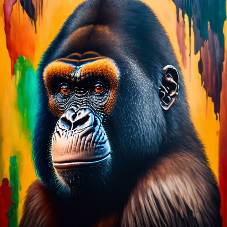 Intense-eyed gorilla portrait on colorful abstract background