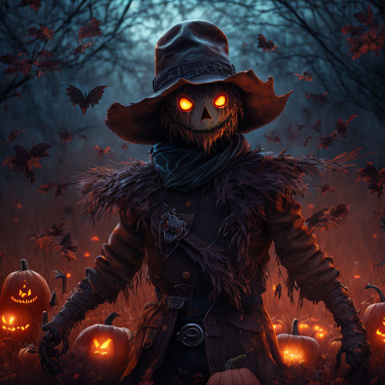 Spooky scarecrow with glowing red eyes in misty twilight forest