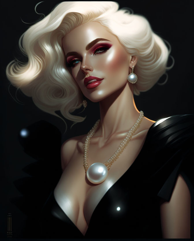 Glamorous woman with platinum blonde hair and dramatic makeup in black outfit