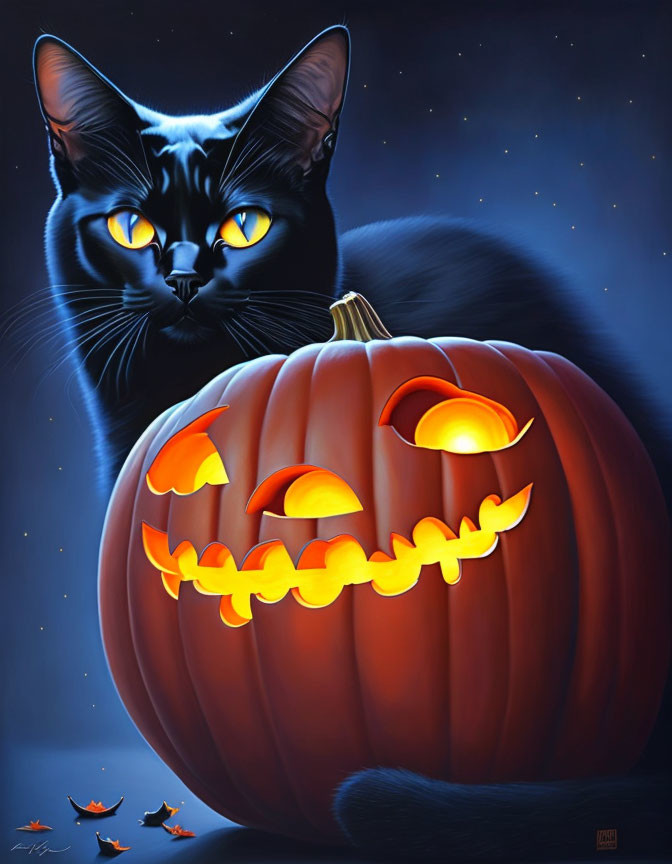 Black Cat with Yellow Eyes by Glowing Jack-o'-lantern on Starry Night Sky