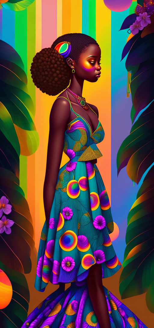 Vibrant African-inspired woman with intricate hairstyles in digital illustration