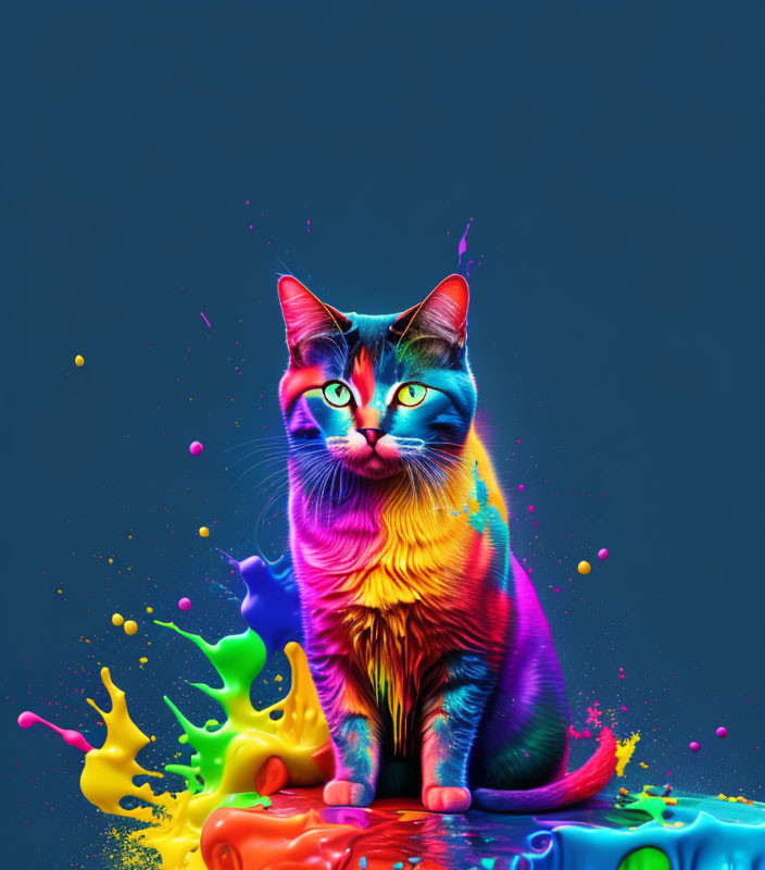 Colorful Rainbow Spectrum Cat on Neon Paint Splashes and Dark Blue Background