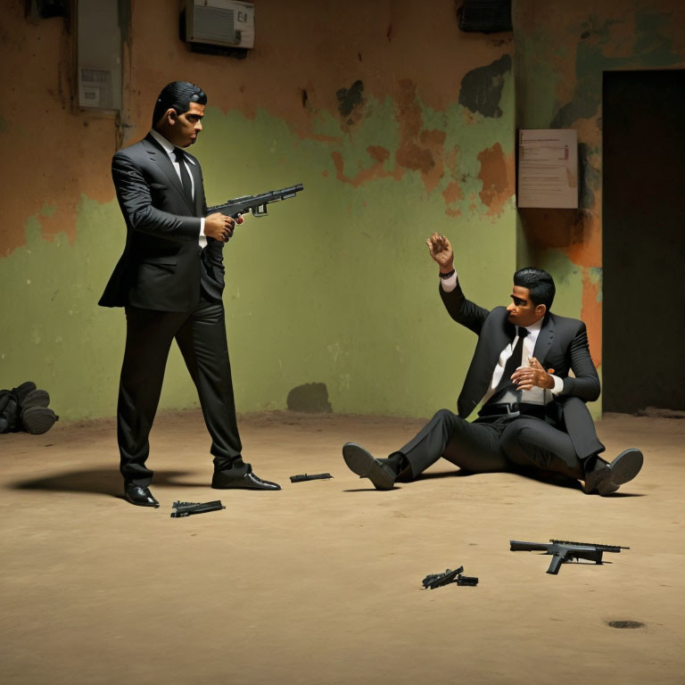 Men in suits with rifle aiming at seated man in room with guns and peeling walls