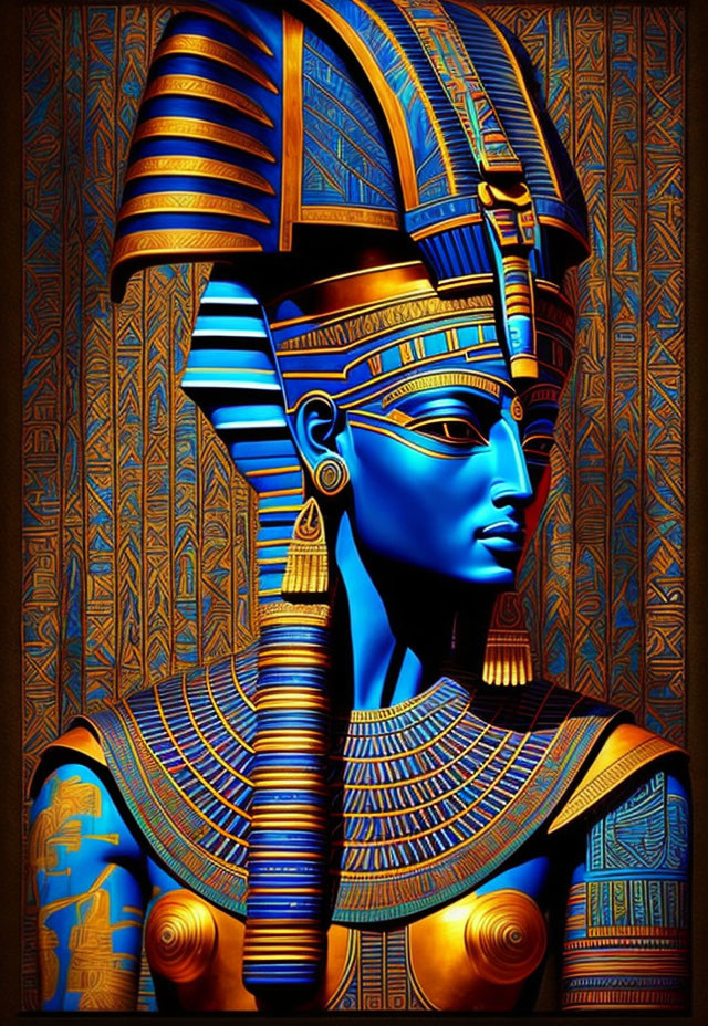 Egyptian Pharaoh Artwork: Blue and Gold Colors, Hieroglyphic Patterns