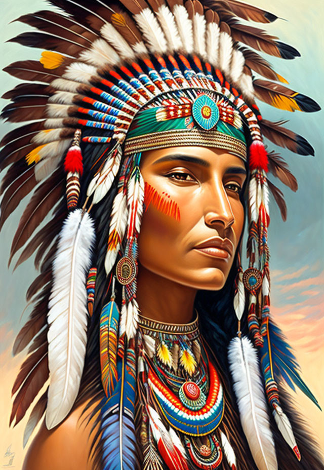 Detailed portrait of a person in ornate Native American headdress