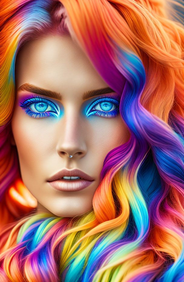 Vibrant Rainbow-Colored Hair and Striking Blue Eyes with Bold Eyeshadow