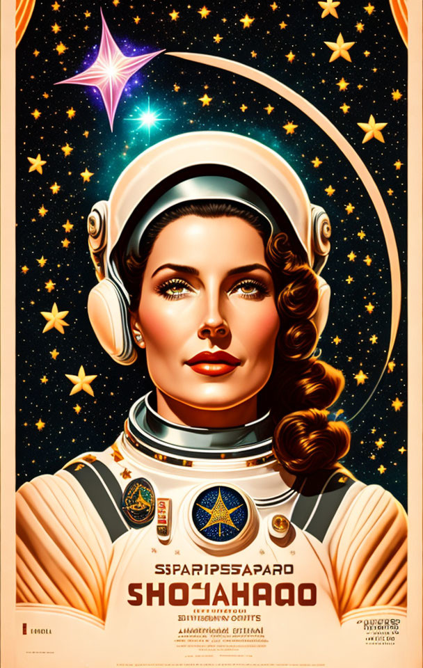 Vintage Woman Astronaut Illustration with Retro Space Helmet and Cyrillic Text